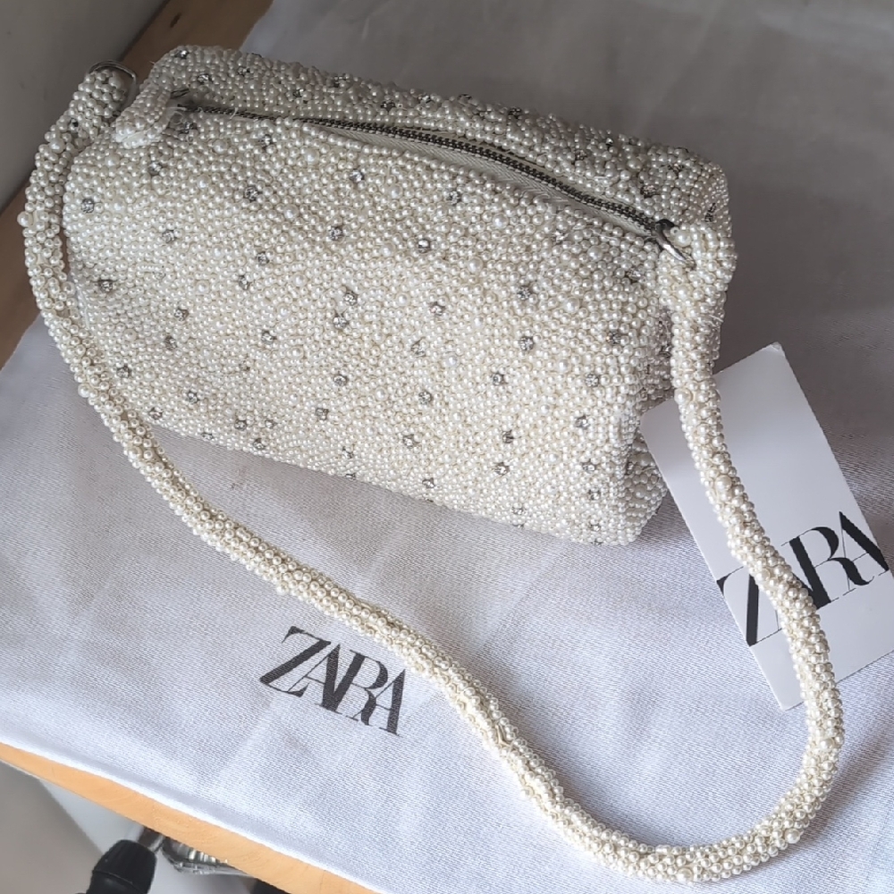 Zara Women White pearl jewel small duffle shoulder bag NWT